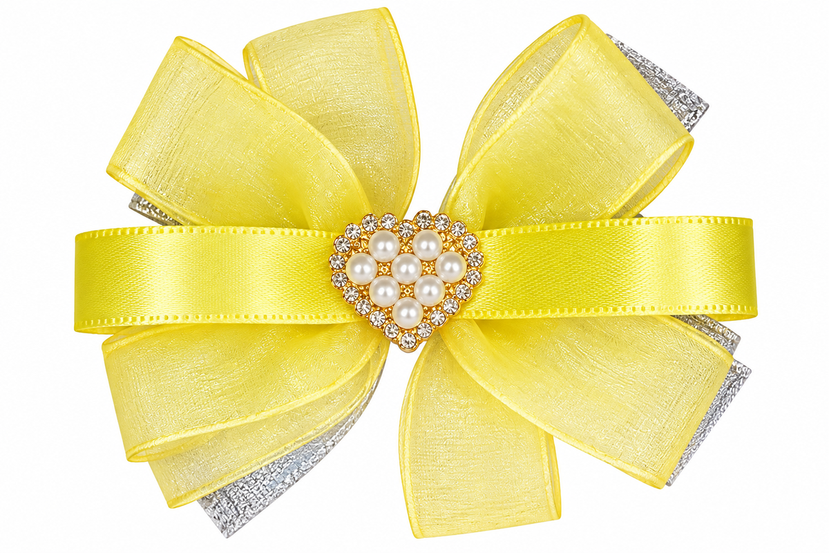 Girls’ Pink & Yellow Floral Bow Hair Clips with Crown Detail | Cute Party Wear Hair Accessories
