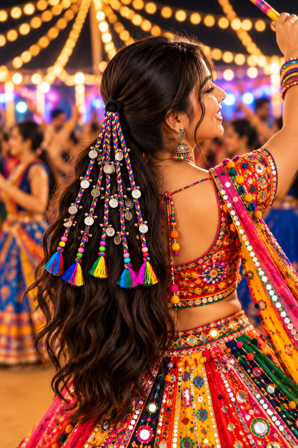 Multicolour Braided Hair Tie with Metallic Charms & Tassels | Festive Ethnic Hair Accessory