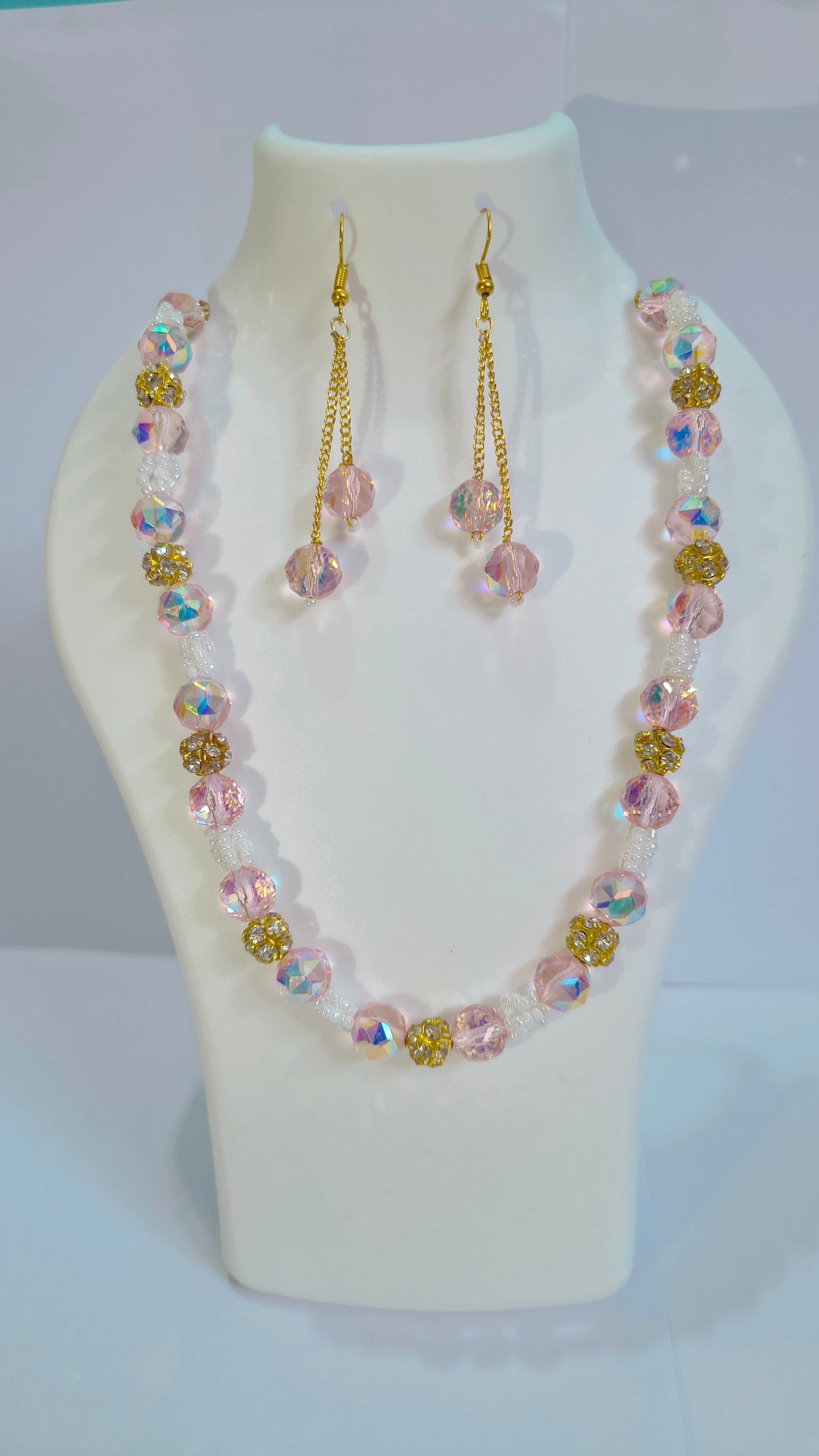 Pink crystal Aura Bead handmade Set – Necklace + Earrings