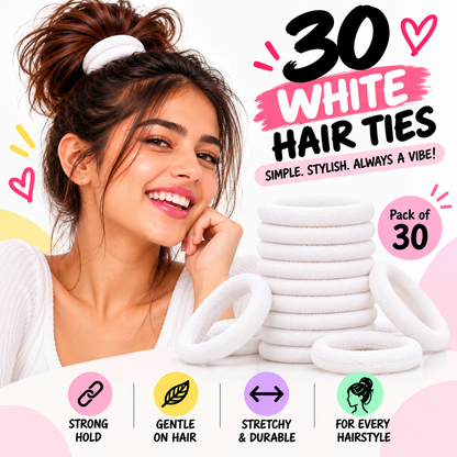30 White Hair Ties for Women & Girls | Stretchy Hair Elastics – Simple. Stylish. Always a Vibe!