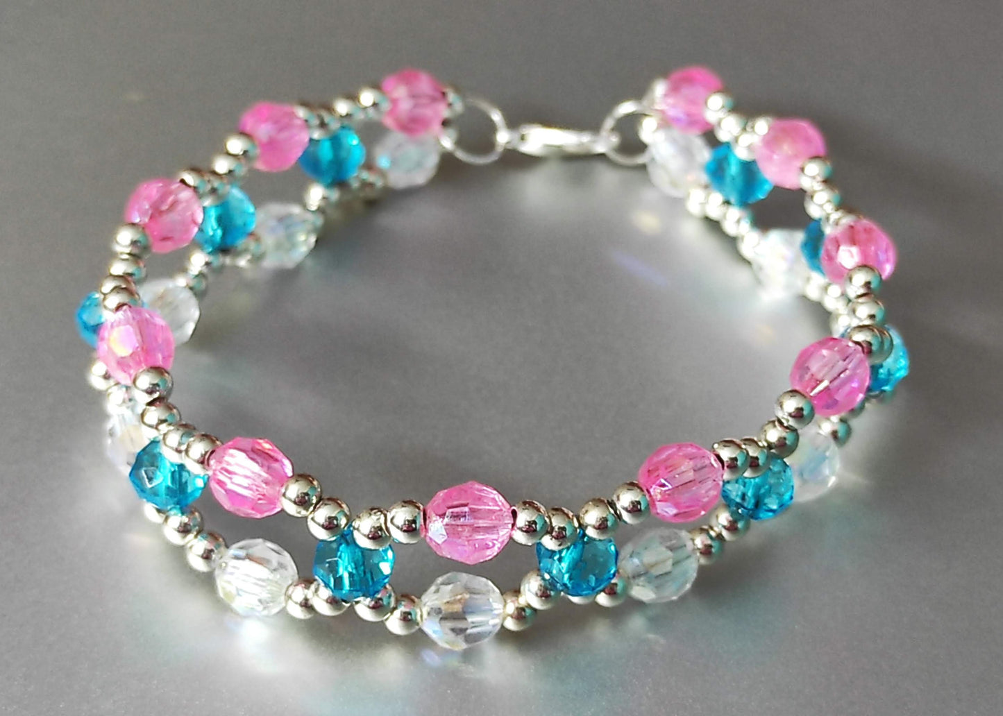 Pink blue clear bead bracelet