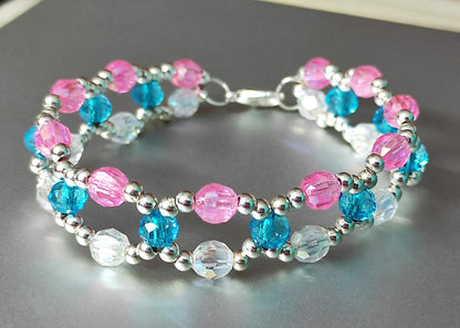 Pink blue clear bead bracelet