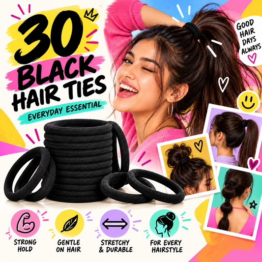 30 Black Hair Ties for Women & Girls | Strong Hold, Stretchy & Everyday Hair Elastics