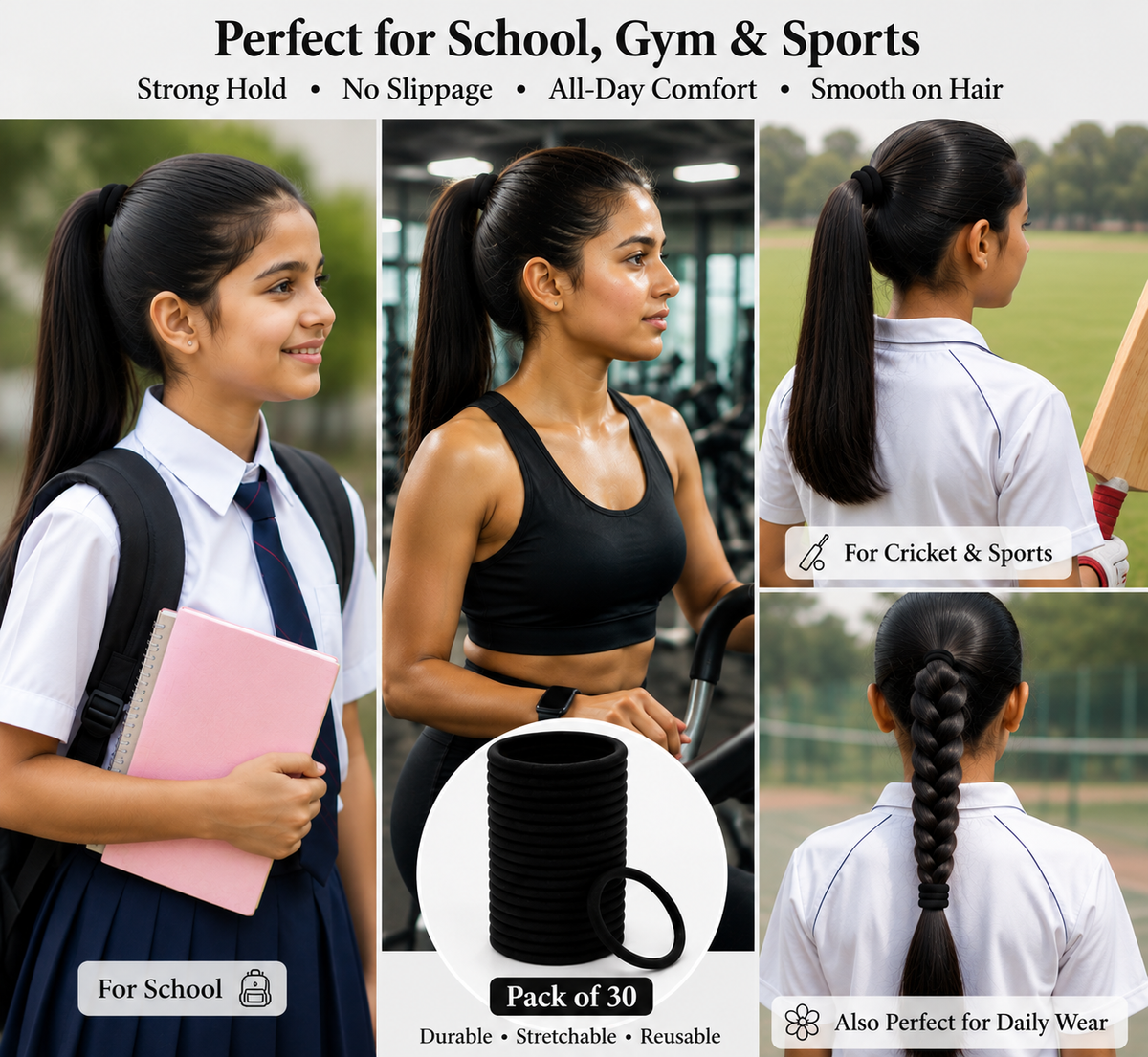 30 Black Hair Ties for Women & Girls | Strong Hold, Stretchy & Everyday Hair Elastics