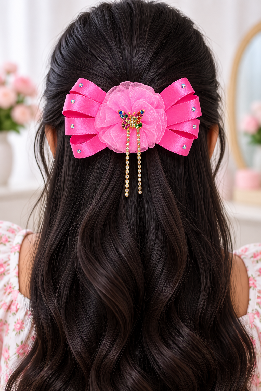 Girls’ Pink & Yellow Floral Bow Hair Clips with Crown Detail | Cute Party Wear Hair Accessories