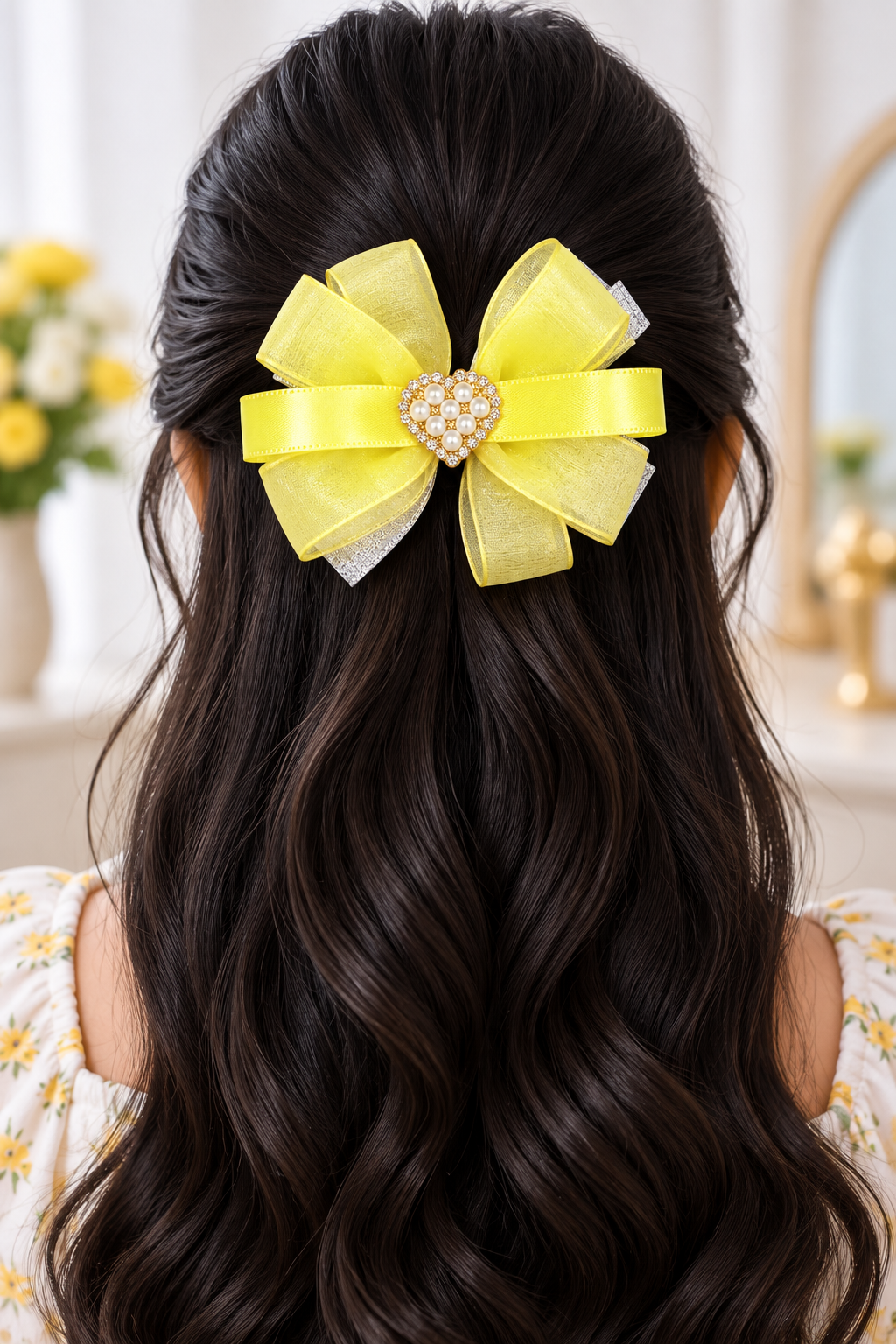 Girls’ Pink & Yellow Floral Bow Hair Clips with Crown Detail | Cute Party Wear Hair Accessories