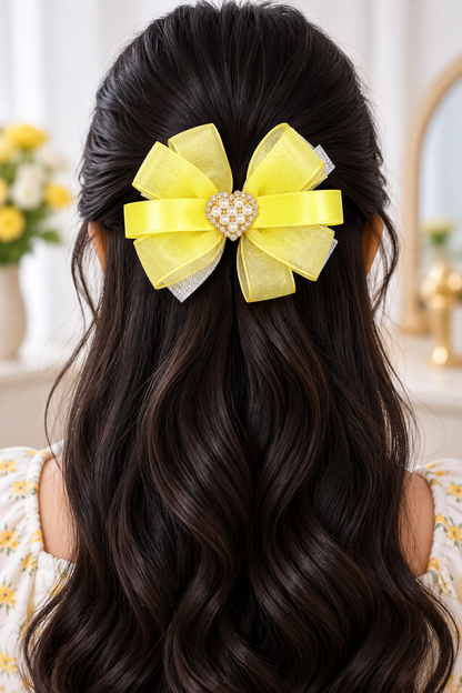 Girls’ Pink & Yellow Floral Bow Hair Clips with Crown Detail | Cute Party Wear Hair Accessories
