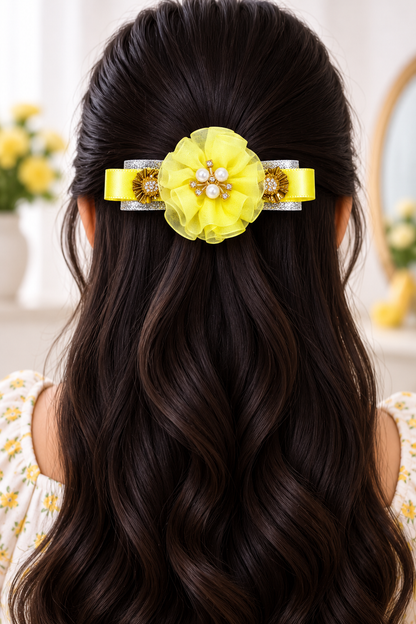 Girls’ Pink & Yellow Floral Bow Hair Clips with Crown Detail | Cute Party Wear Hair Accessories