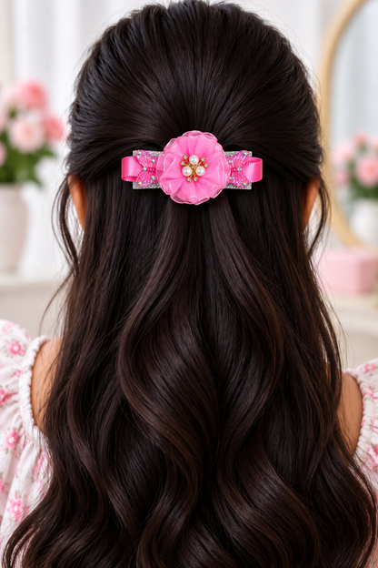 Girls’ Pink & Yellow Floral Bow Hair Clips with Crown Detail | Cute Party Wear Hair Accessories