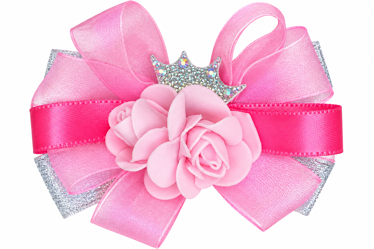 Girls’ Pink & Yellow Floral Bow Hair Clips with Crown Detail | Cute Party Wear Hair Accessories