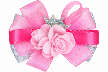 Girls’ Pink & Yellow Floral Bow Hair Clips with Crown Detail | Cute Party Wear Hair Accessories