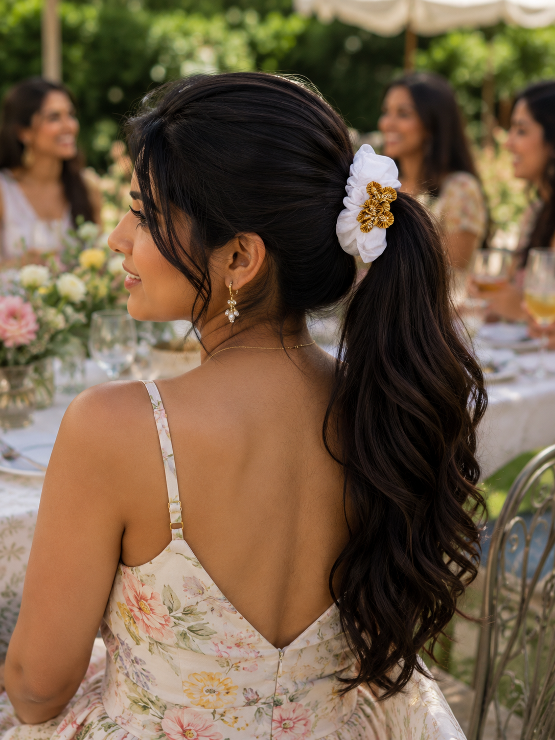 Premium Floral Scrunchies Set of 4 | Satin & Organza Flower Hair Ties for Women & Girls – Party Wear & Festive Hair Accessories