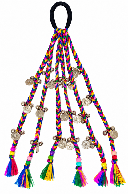 Multicolour Braided Hair Tie with Metallic Charms & Tassels | Festive Ethnic Hair Accessory