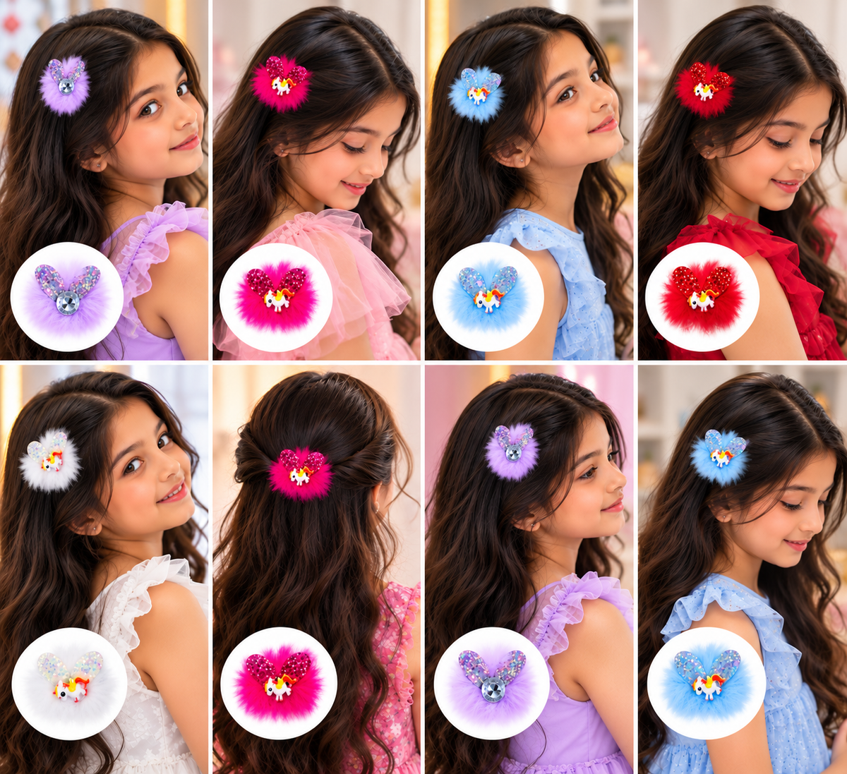 Multicolour Faux Fur Hair Clips for Girls | Cute Glitter Unicorn Hair Accessories for Kids