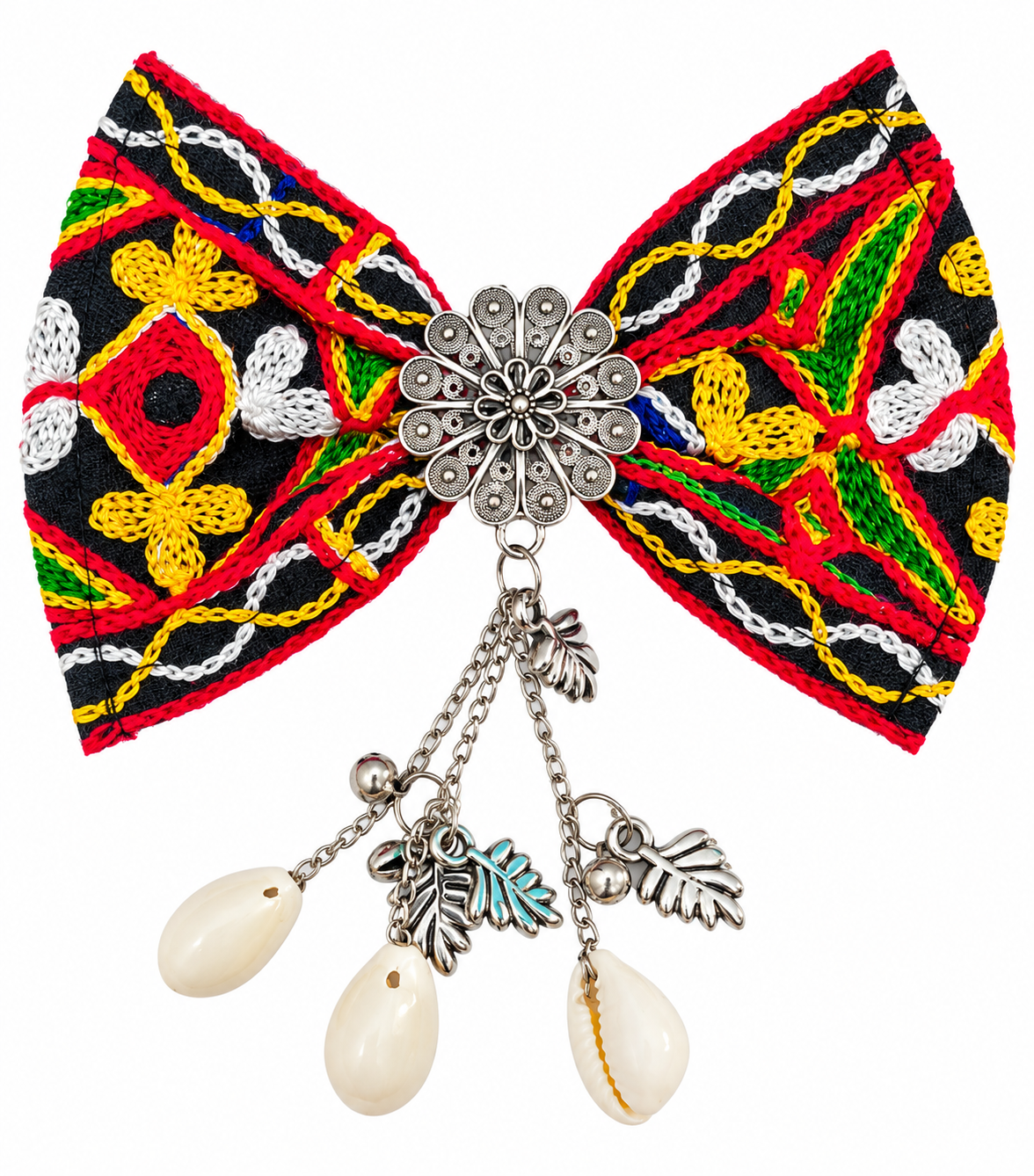 Multicolour Embroidered Bow Hair Clip with Shell Charms | Ethnic Festive Hair Accessory for Girls & Women