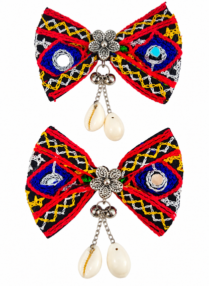Multicolor Embroidered Bow Hair Clips with Shell Charms | Boho Ethnic Statement Hair Accessories