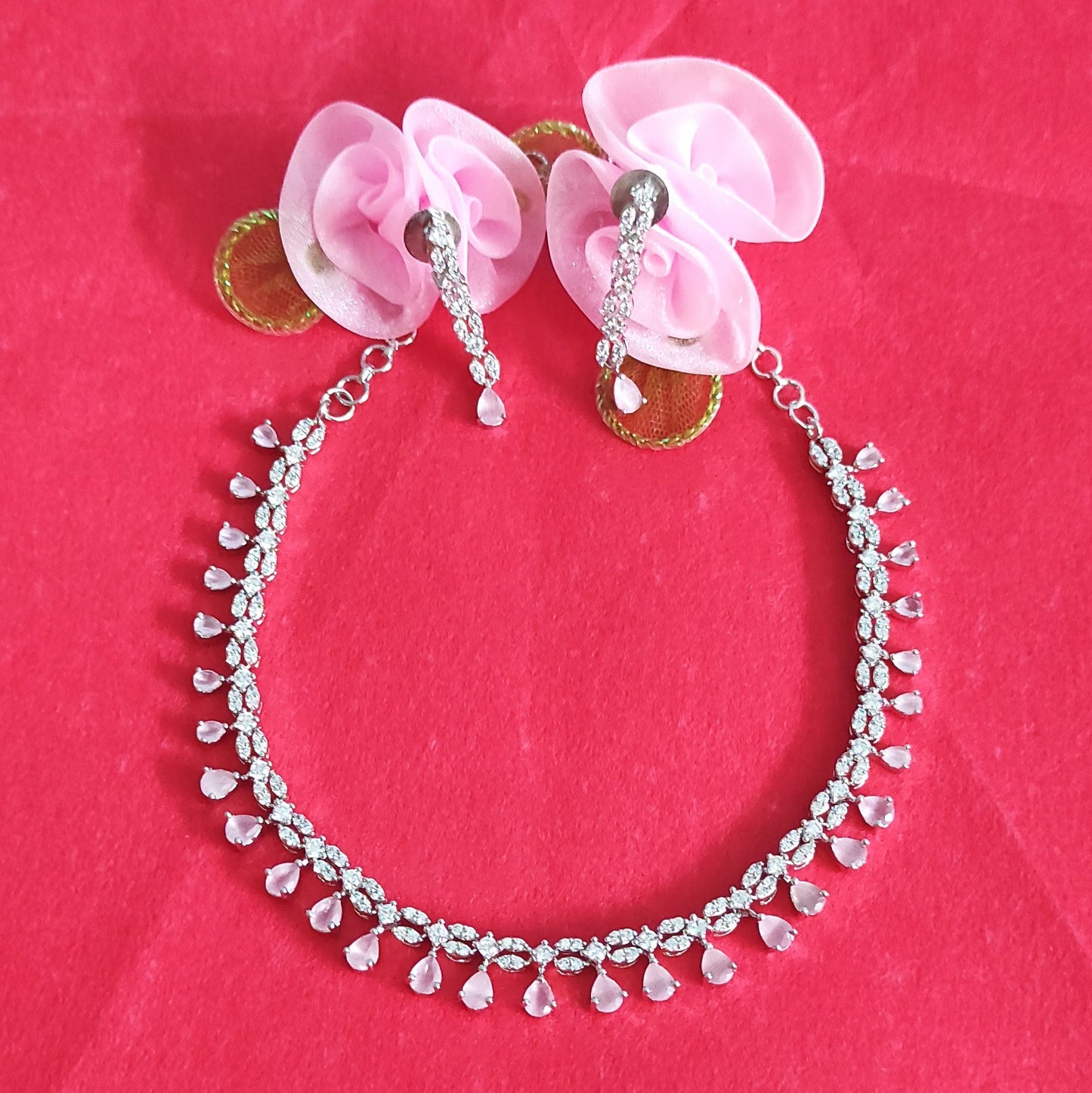 Light Pink Mona Liza & Zirconia one line Necklace Jewellery Set