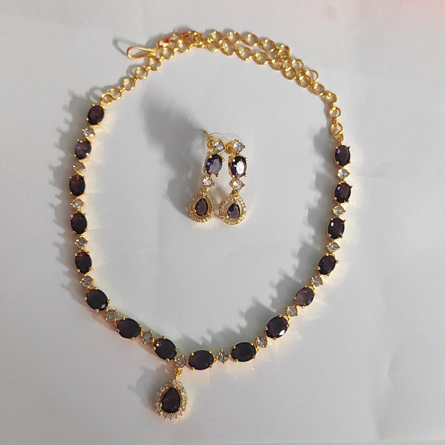 Gold Plated Purple drop and oval stones Necklace Jewellery Set