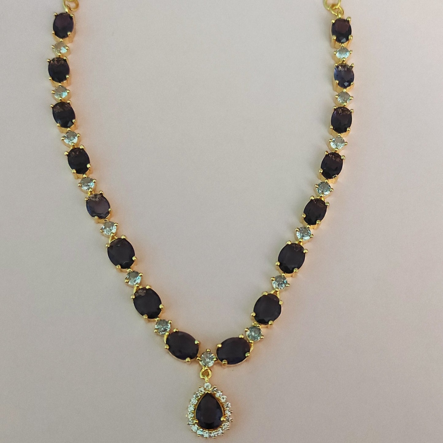 Gold Plated Purple drop and oval stones Necklace Jewellery Set