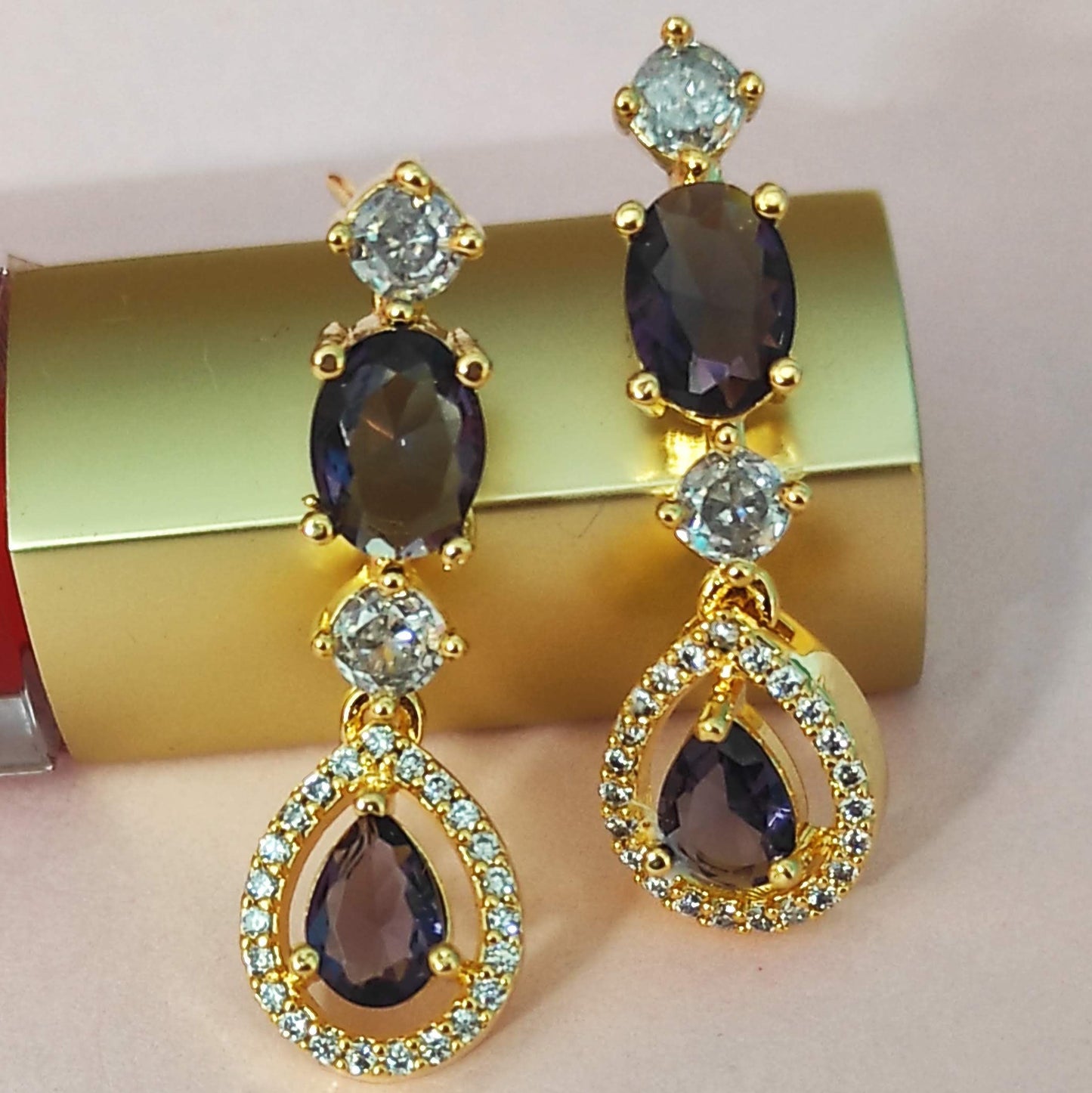 Gold Plated Purple drop and oval stones Necklace Jewellery Set