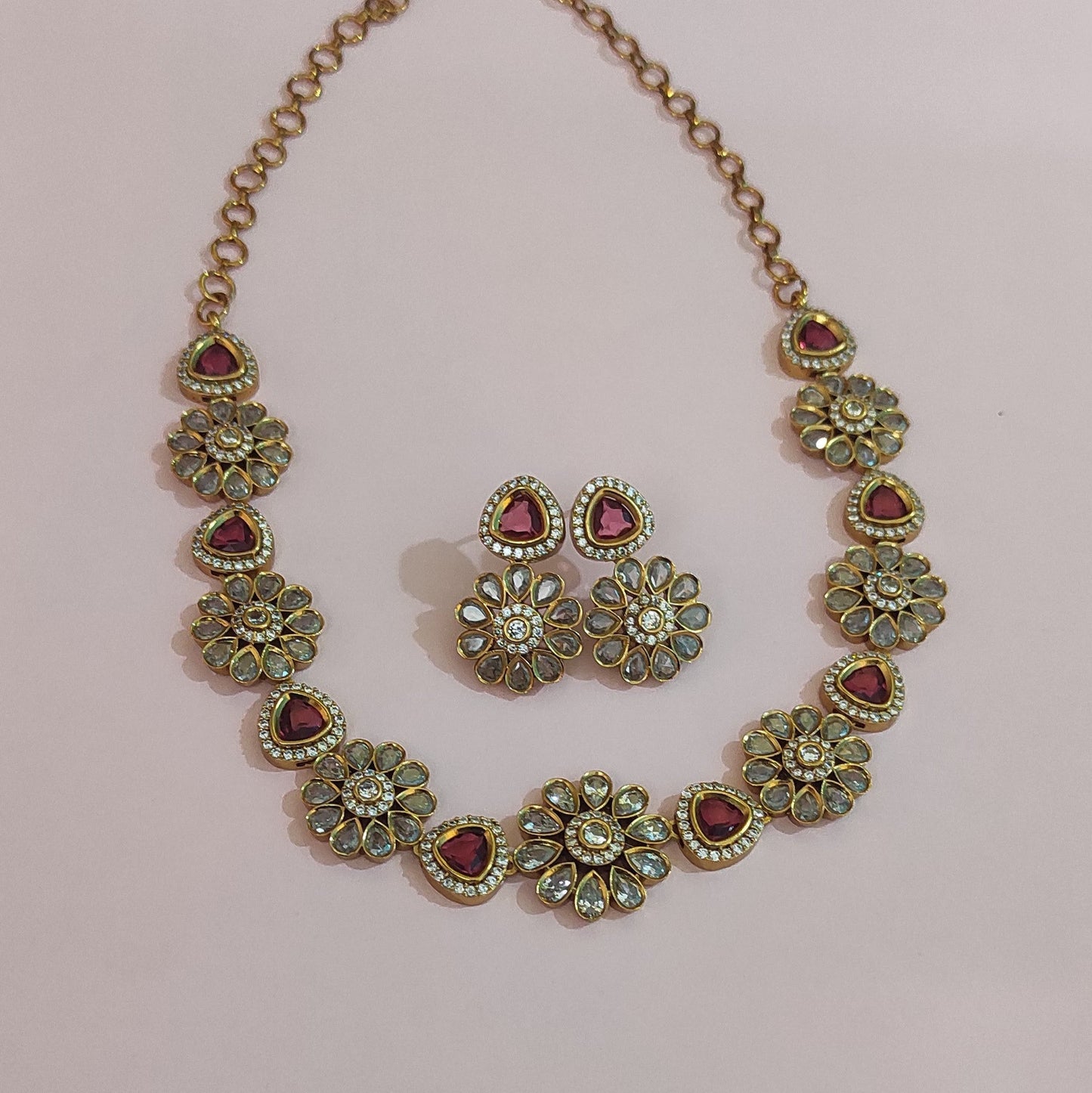 Golden necklace with Burgandy Rhinestone Jewellery set