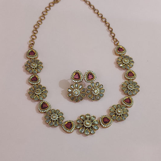 Golden necklace with Burgandy Rhinestone Jewellery set