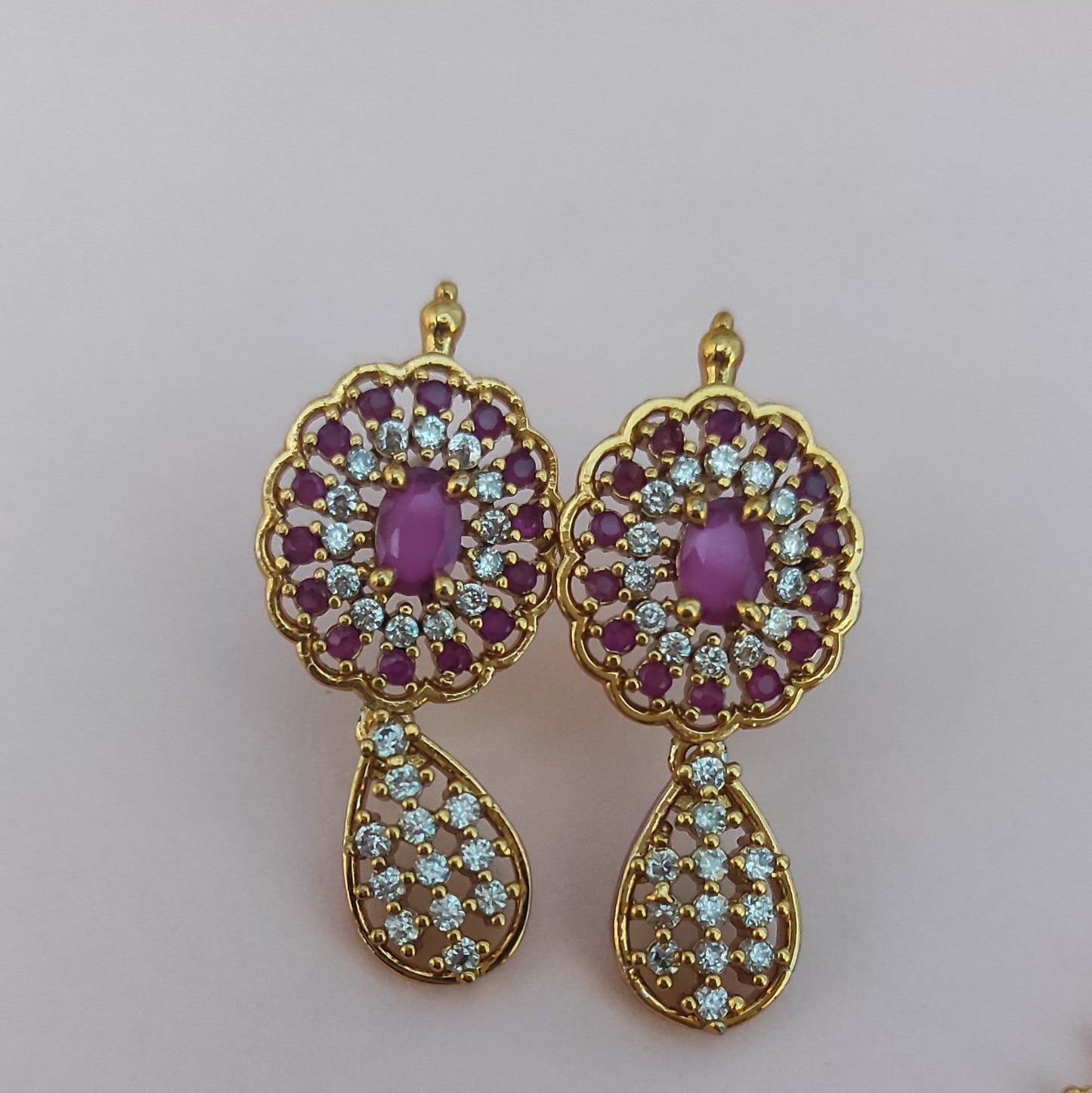Golden necklace with Ruby pink Rhinestone Jewellery set