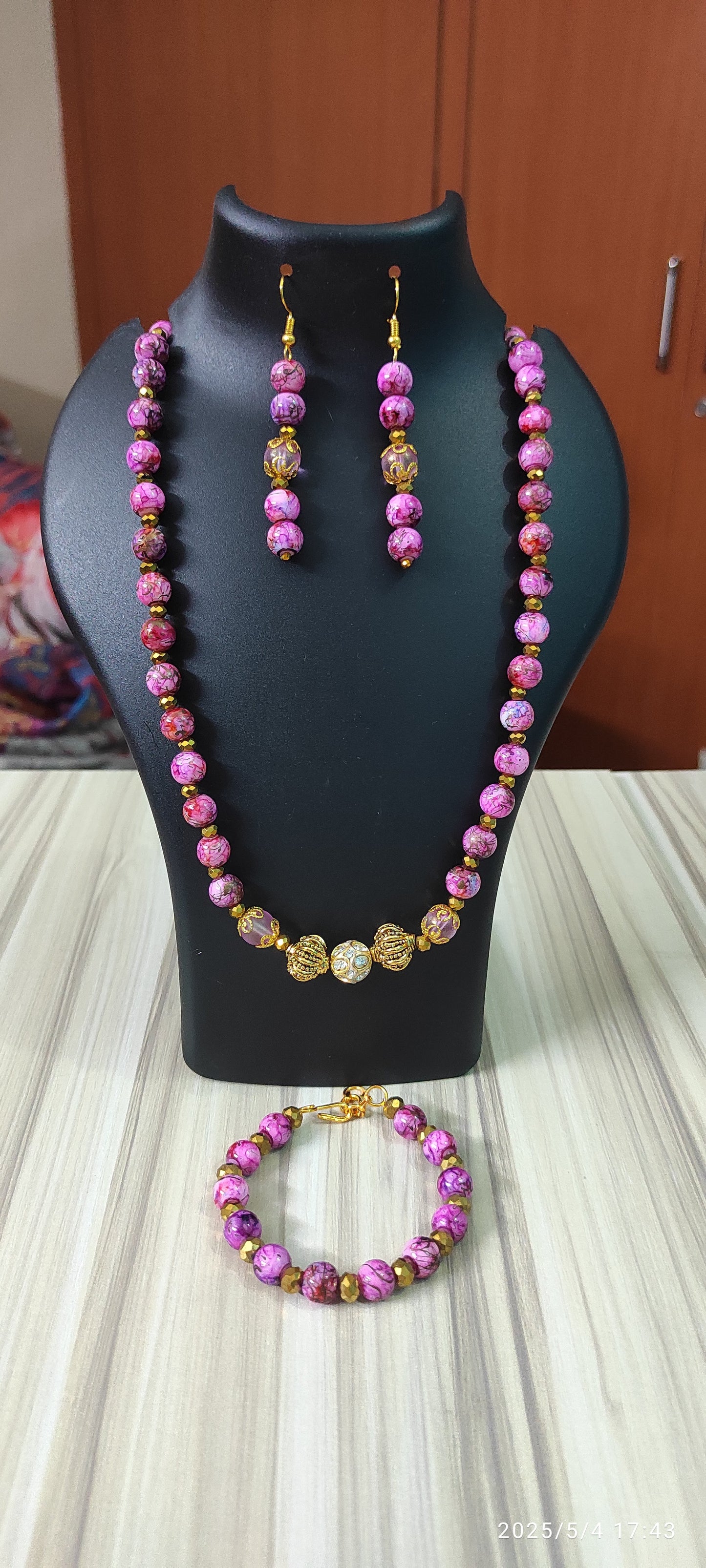 Vibrant purple & gold beads handmade jewellery set