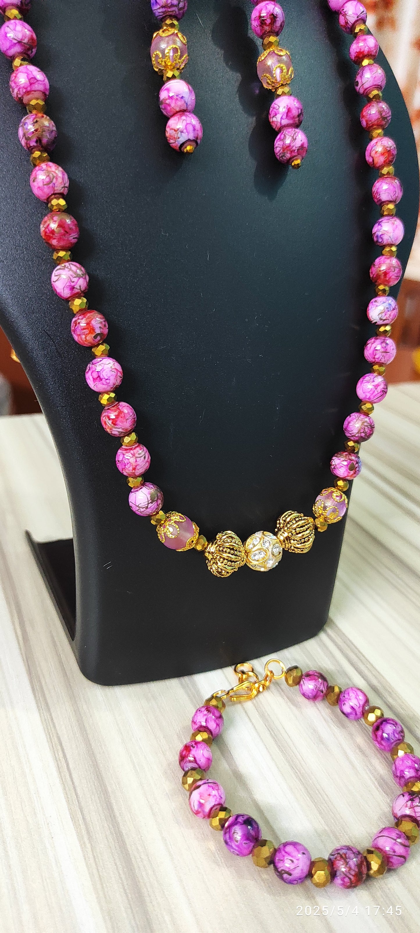 Vibrant purple & gold beads handmade jewellery set