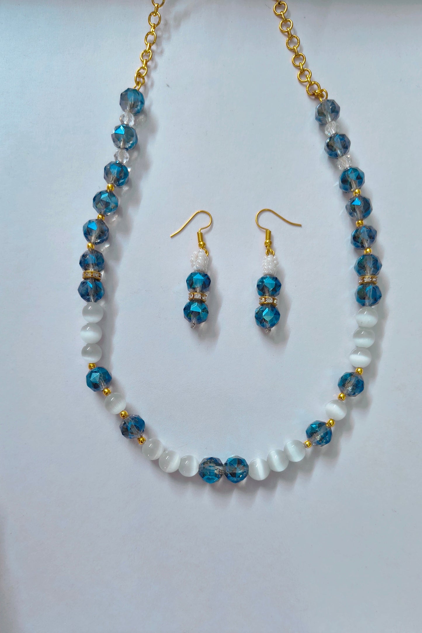 Blue & White Beaded Necklace Earring Set – Handmade Jewelry for Women.  Festive, Gift-Ready & Trendy.