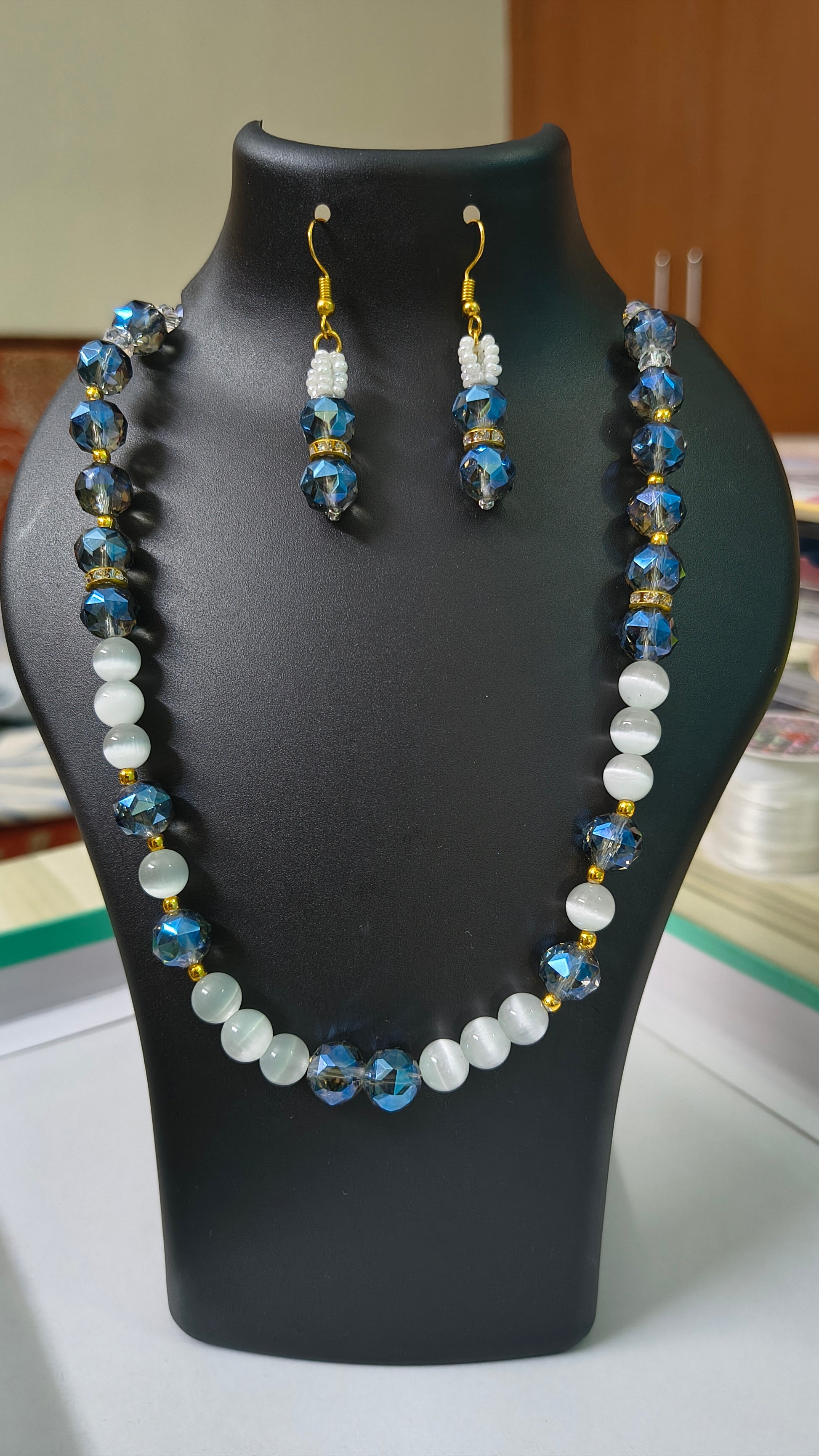 Blue & White Beaded Necklace Earring Set – Handmade Jewelry for Women.  Festive, Gift-Ready & Trendy