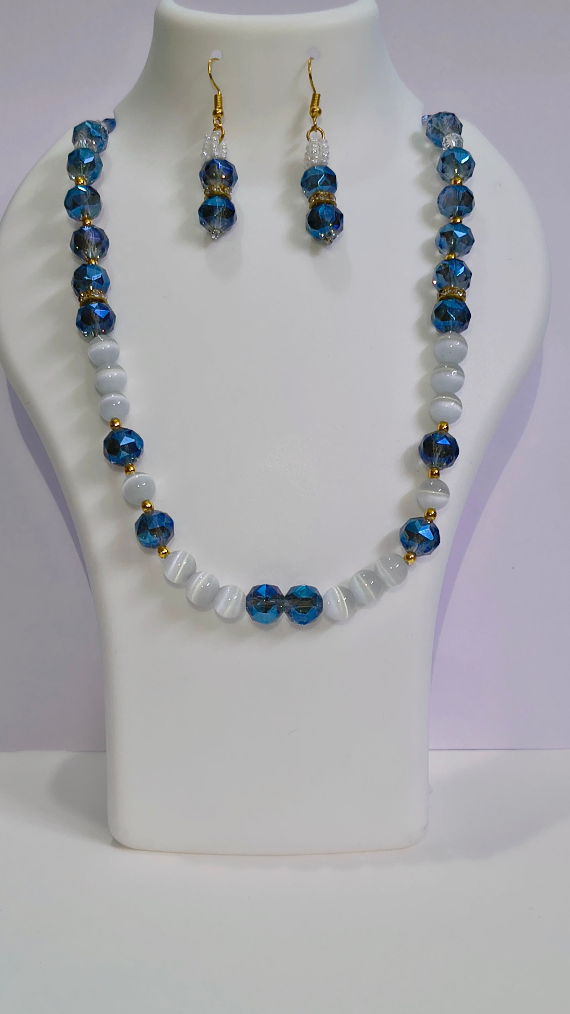 Blue & White Beaded Necklace Earring Set – Handmade Jewelry for Women.  Festive, Gift-Ready & Trendy
