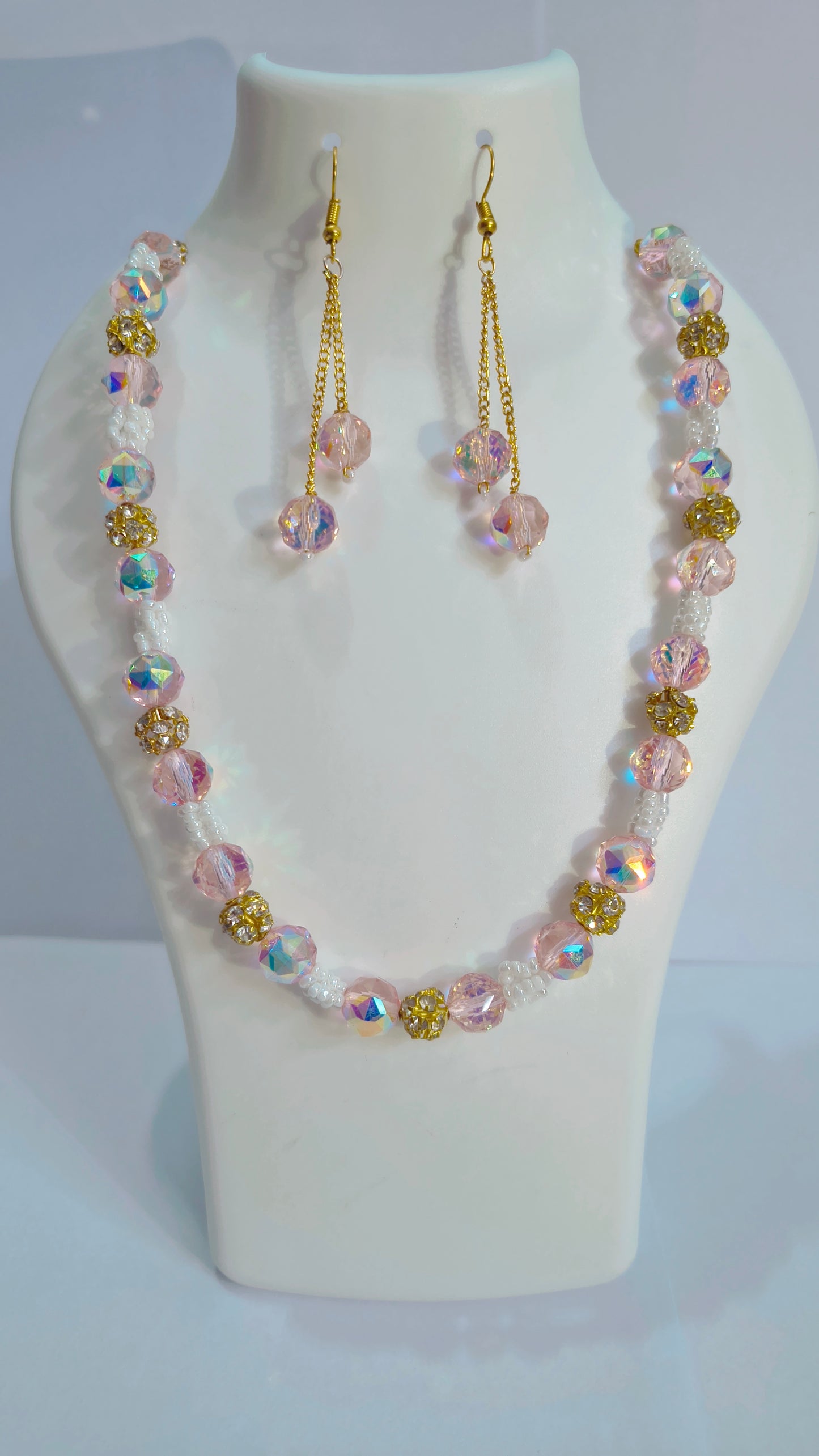 Pink crystal Aura Bead handmade Set – Necklace + Earrings