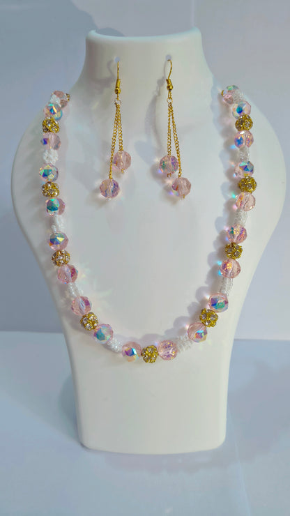 Pink crystal Aura Bead handmade Set – Necklace + Earrings