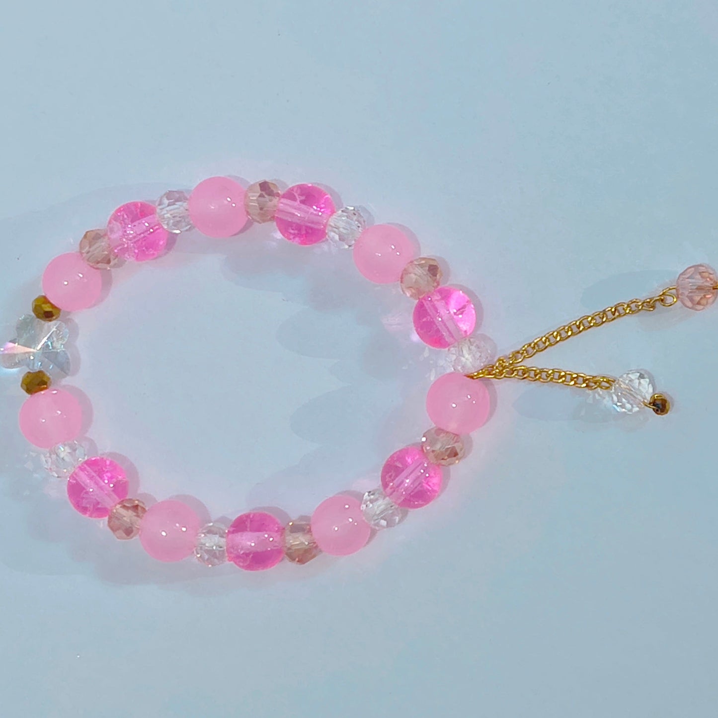 Pink glass beads with crystal butterfly charm designer handmade bracelet