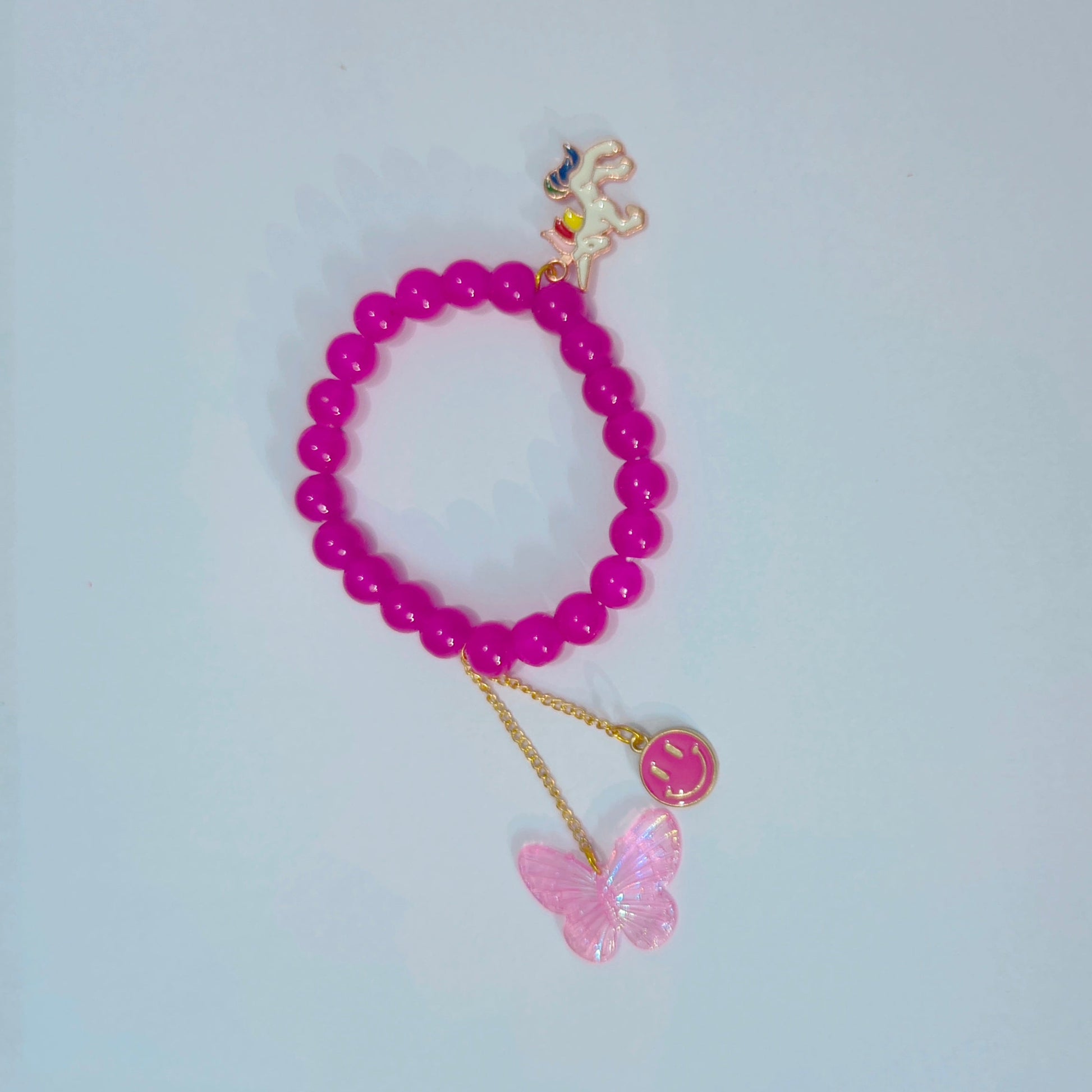 Pink Pop Charm Bracelet – Butterfly, Smiley & Unicorn