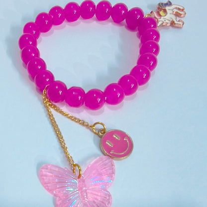Pink Pop Charm Bracelet – Butterfly, Smiley & Unicorn