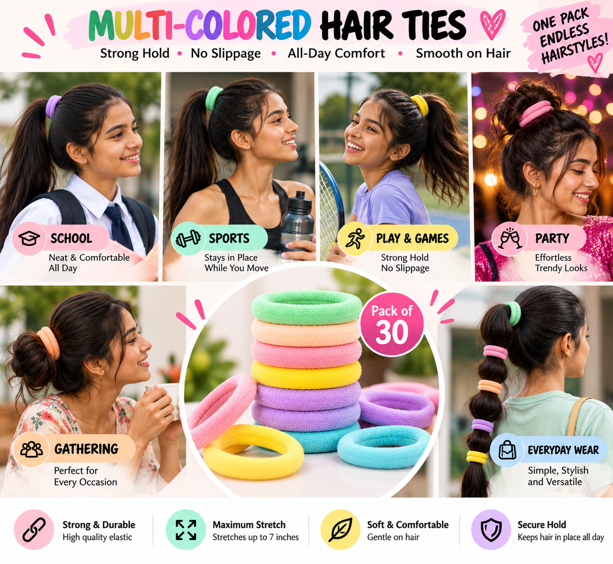 30 Multicolored Hair Ties for Women & Girls | Pastel Stretchy Hair Bands – Style Every Mood!