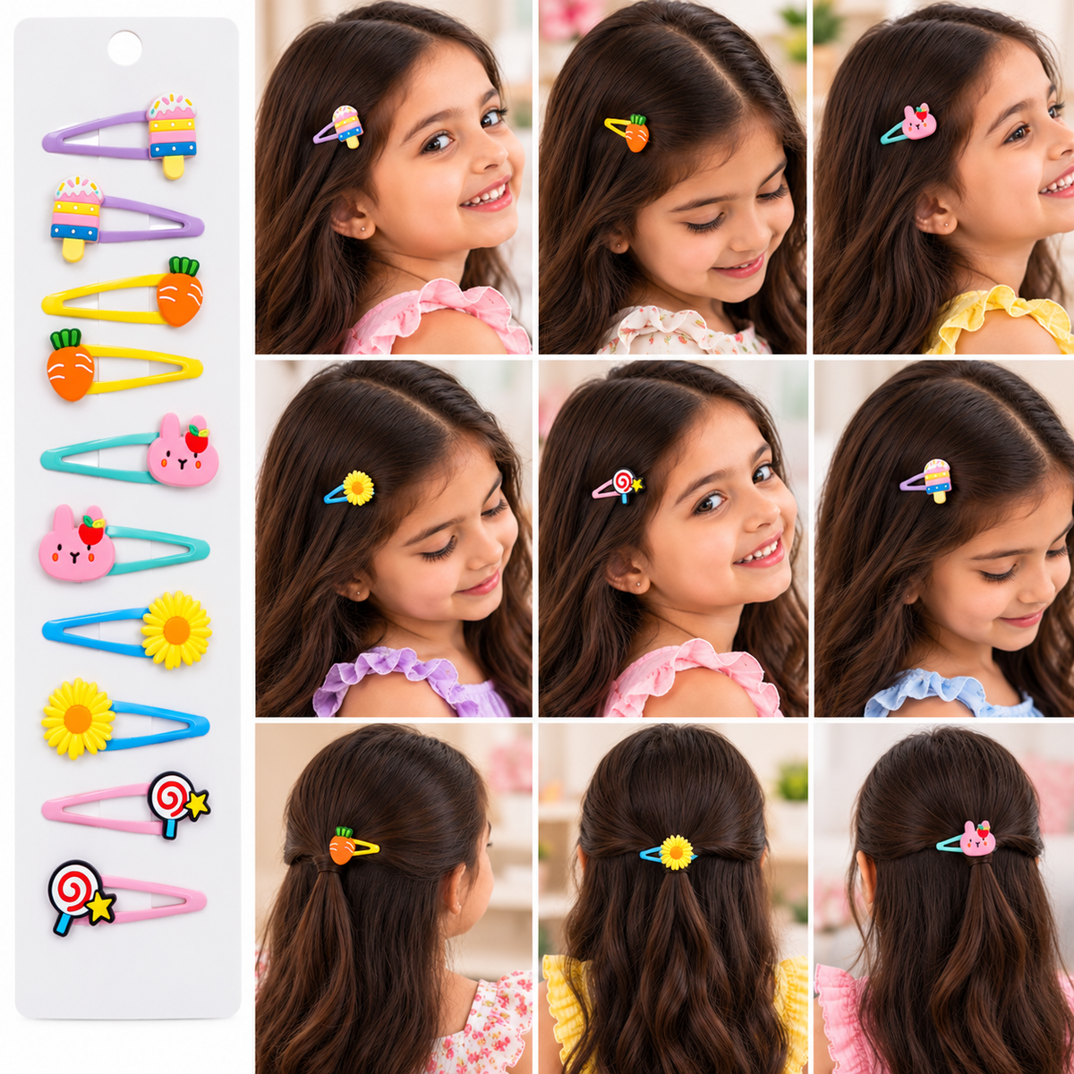 Cute Cartoon Hair Clips for Girls | Multicolour Popsicle, Bunny, Carrot & Flower Hair Accessories