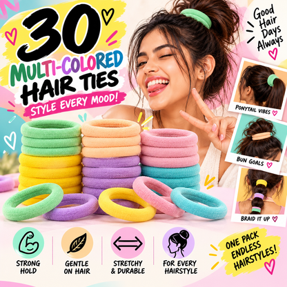 30 Multicolored Hair Ties for Women & Girls | Pastel Stretchy Hair Bands – Style Every Mood!