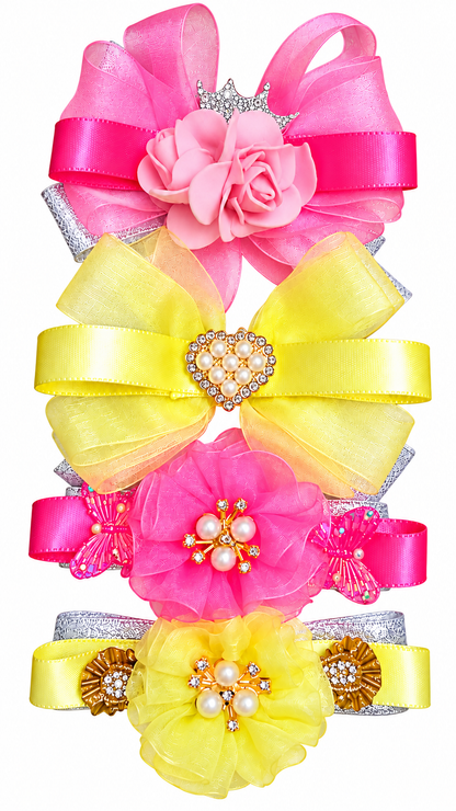 Girls’ Pink & Yellow Floral Bow Hair Clips with Crown Detail | Cute Party Wear Hair Accessories