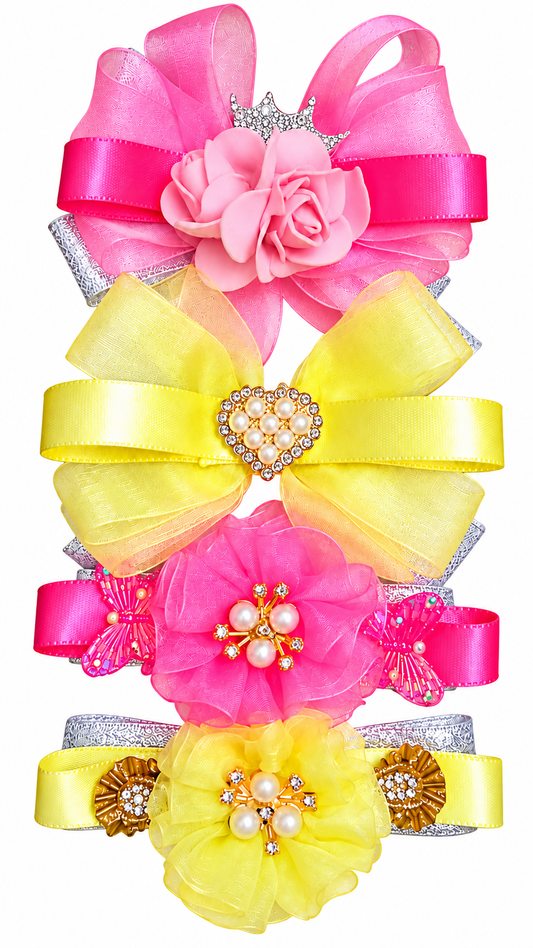 Girls’ Pink & Yellow Floral Bow Hair Clips with Crown Detail | Cute Party Wear Hair Accessories