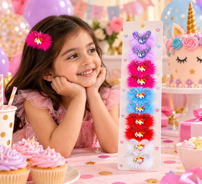 Multicolour Faux Fur Hair Clips for Girls | Cute Glitter Unicorn Hair Accessories for Kids