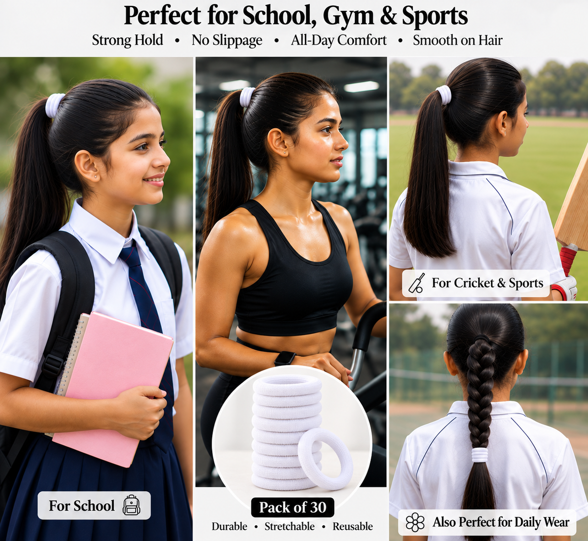 30 White Hair Ties for Women & Girls | Stretchy Hair Elastics – Simple. Stylish. Always a Vibe!