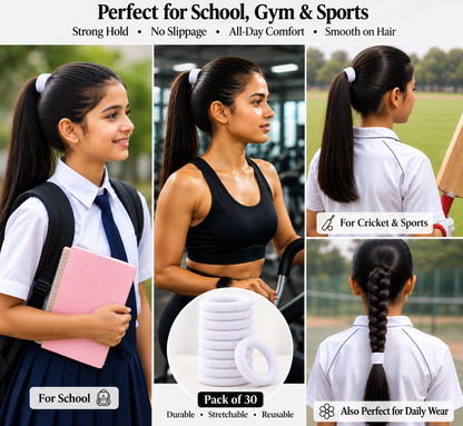 30 White Hair Ties for Women & Girls | Stretchy Hair Elastics – Simple. Stylish. Always a Vibe!