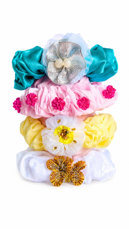 Premium Floral Scrunchies Set of 4 | Satin & Organza Flower Hair Ties for Women & Girls – Party Wear & Festive Hair Accessories