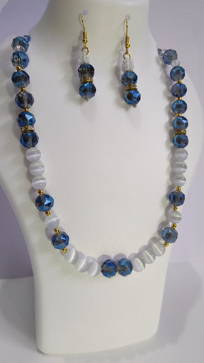 Blue & White Beaded Necklace Earring Set – Handmade Jewelry for Women.  Festive, Gift-Ready & Trendy.