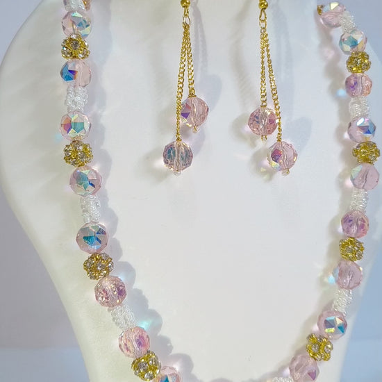 Pink crystal Aura Bead handmade Set – Necklace + Earrings