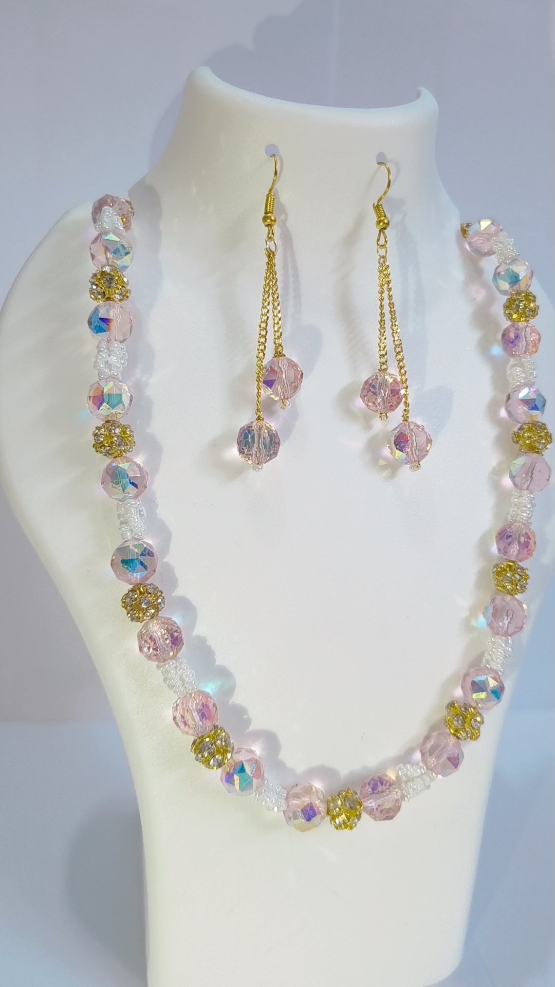 Pink crystal Aura Bead handmade Set – Necklace + Earrings
